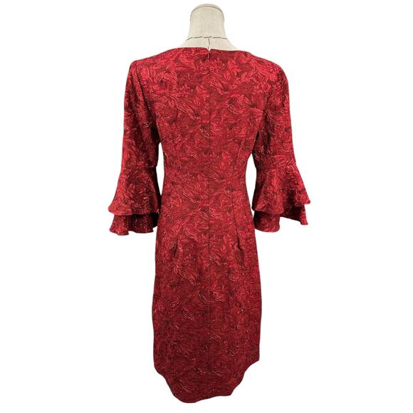 THEIA Red 3/4 Bell Sleeve Textured Floral Pattern Scoop Neck Sheath Dress Size 6 - Picture 3 of 8